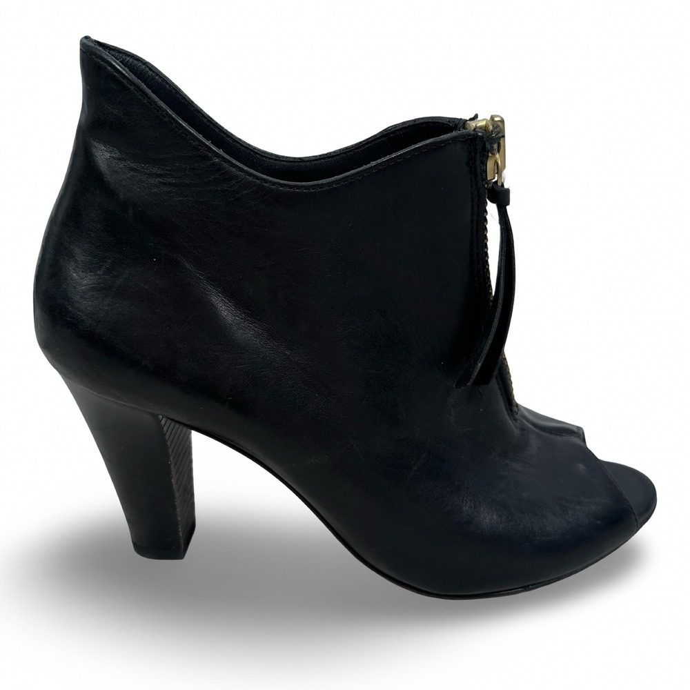 Paul Green Black Leather Peep Toe Front Zip Ankle Booties Gold Hardware Size 4.5